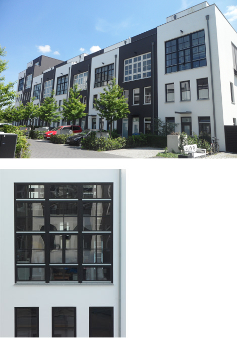 Eigentumswohnanlage in Berlin Stralau, mit  Atelierfenstern (schwarz/weiÃŸ) und Markisoletten